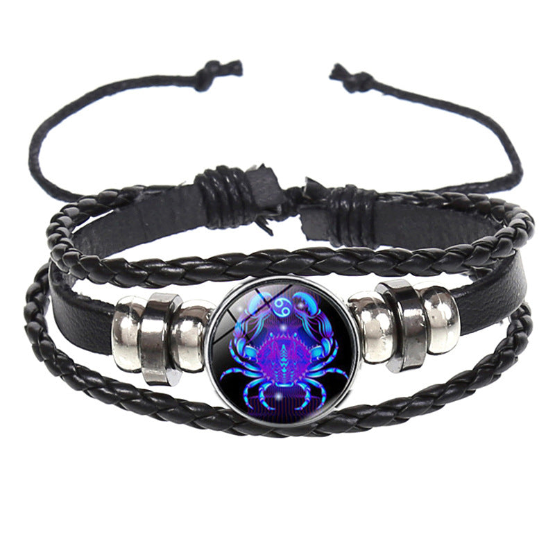 European and American Explosions Couple's Hand Rope Cross-border 12 Constellation Multi-layer Woven Luminous Punk Cowhide Star Bracelet Jewelry