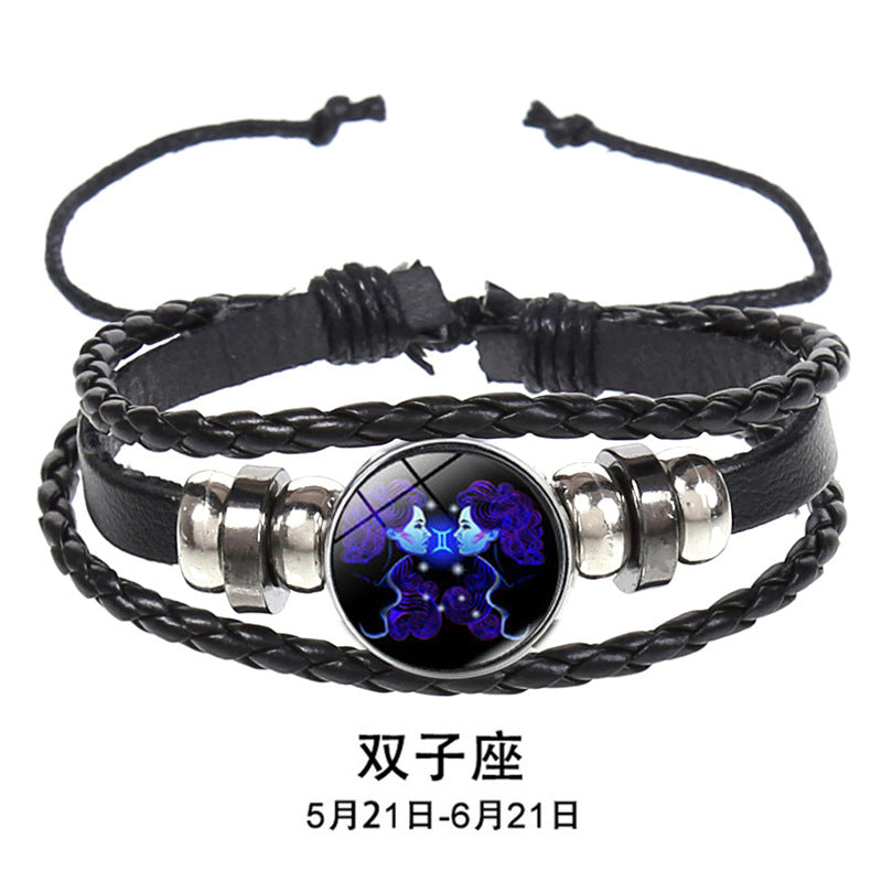 European and American Explosions Couple's Hand Rope Cross-border 12 Constellation Multi-layer Woven Luminous Punk Cowhide Star Bracelet Jewelry