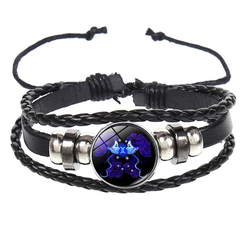 European and American Explosions Couple's Hand Rope Cross-border 12 Constellation Multi-layer Woven Luminous Punk Cowhide Star Bracelet Jewelry