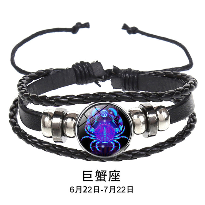 European and American Explosions Couple's Hand Rope Cross-border 12 Constellation Multi-layer Woven Luminous Punk Cowhide Star Bracelet Jewelry