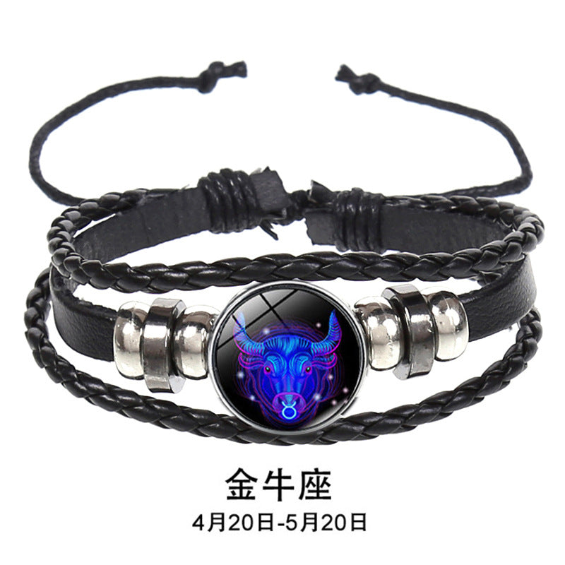 European and American Explosions Couple's Hand Rope Cross-border 12 Constellation Multi-layer Woven Luminous Punk Cowhide Star Bracelet Jewelry