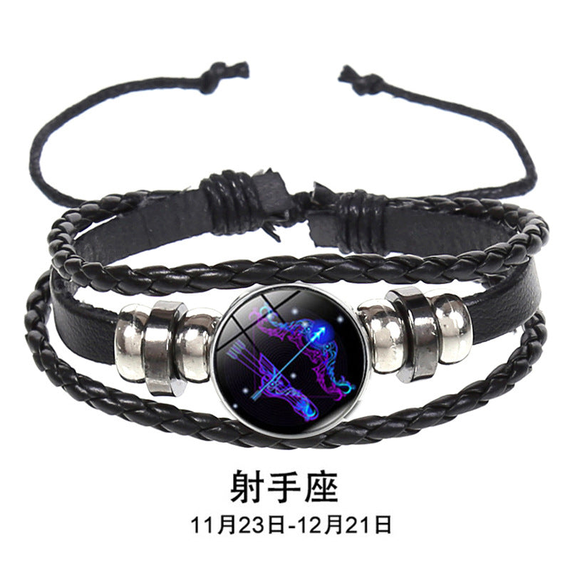 European and American Explosions Couple's Hand Rope Cross-border 12 Constellation Multi-layer Woven Luminous Punk Cowhide Star Bracelet Jewelry