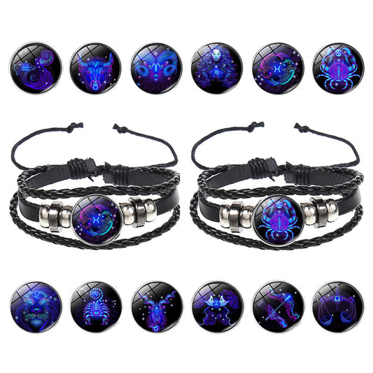 European and American Explosions Couple's Hand Rope Cross-border 12 Constellation Multi-layer Woven Luminous Punk Cowhide Star Bracelet Jewelry
