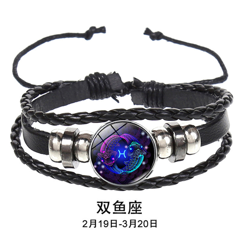 European and American Explosions Couple's Hand Rope Cross-border 12 Constellation Multi-layer Woven Luminous Punk Cowhide Star Bracelet Jewelry