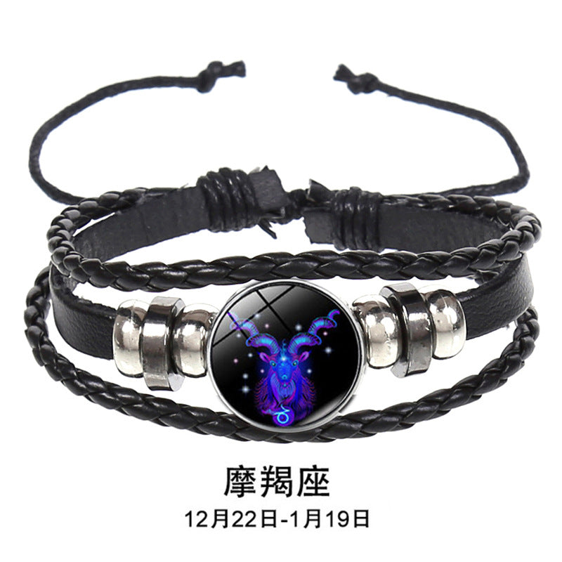 European and American Explosions Couple's Hand Rope Cross-border 12 Constellation Multi-layer Woven Luminous Punk Cowhide Star Bracelet Jewelry