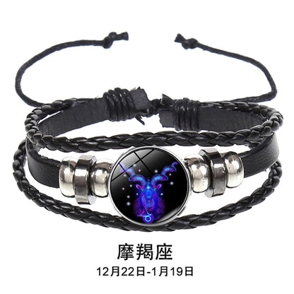 European and American Explosions Couple's Hand Rope Cross-border 12 Constellation Multi-layer Woven Luminous Punk Cowhide Star Bracelet Jewelry