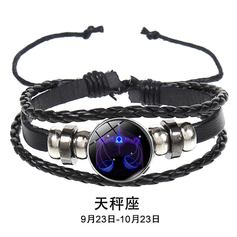European and American Explosions Couple's Hand Rope Cross-border 12 Constellation Multi-layer Woven Luminous Punk Cowhide Star Bracelet Jewelry