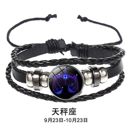 European and American Explosions Couple's Hand Rope Cross-border 12 Constellation Multi-layer Woven Luminous Punk Cowhide Star Bracelet Jewelry