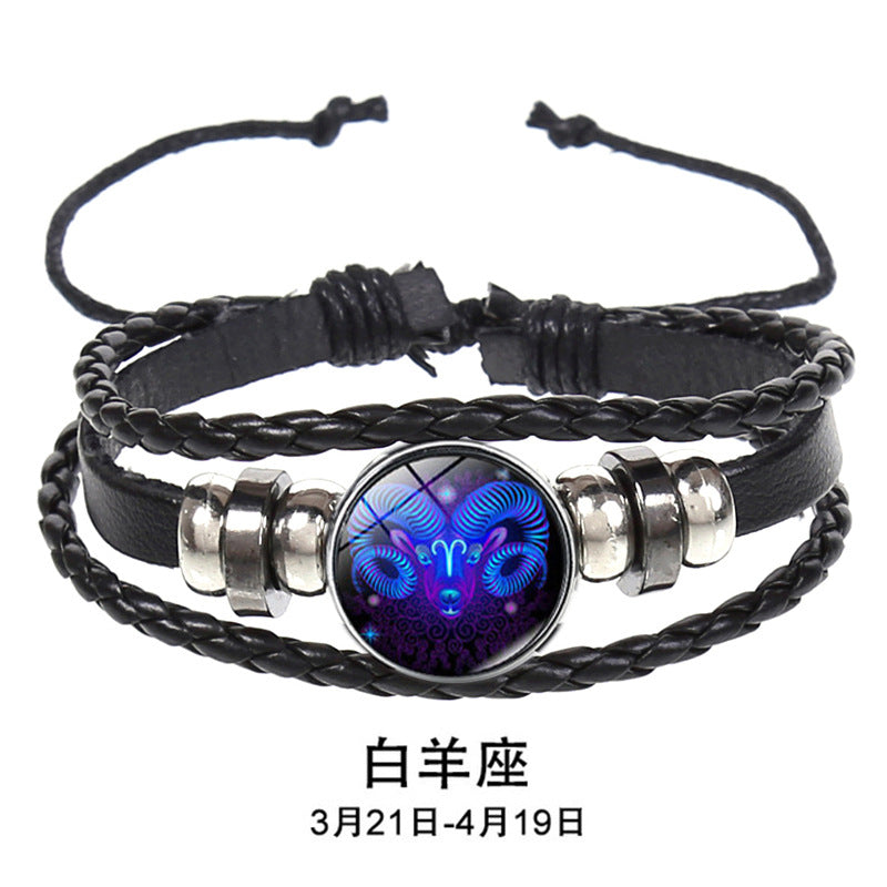 European and American Explosions Couple's Hand Rope Cross-border 12 Constellation Multi-layer Woven Luminous Punk Cowhide Star Bracelet Jewelry