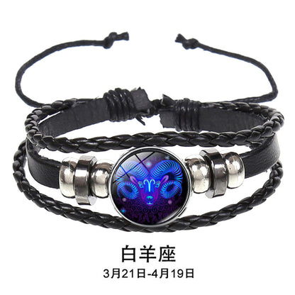 European and American Explosions Couple's Hand Rope Cross-border 12 Constellation Multi-layer Woven Luminous Punk Cowhide Star Bracelet Jewelry