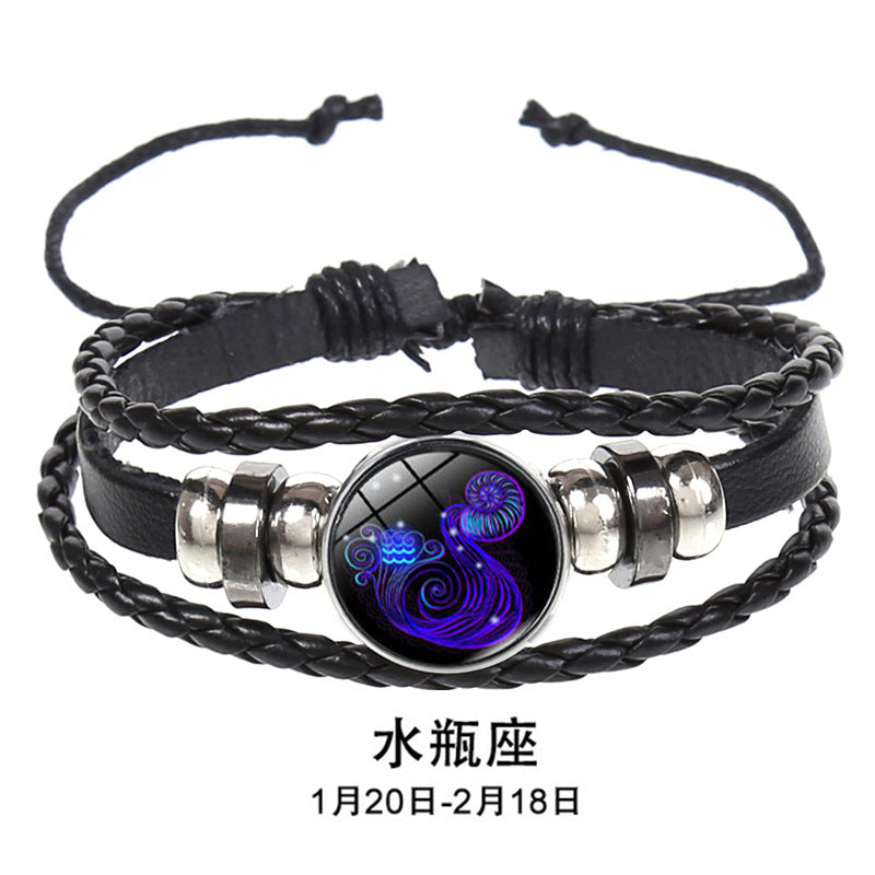 European and American Explosions Couple's Hand Rope Cross-border 12 Constellation Multi-layer Woven Luminous Punk Cowhide Star Bracelet Jewelry
