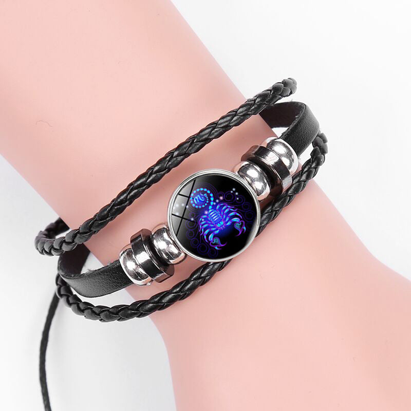 European and American Explosions Couple's Hand Rope Cross-border 12 Constellation Multi-layer Woven Luminous Punk Cowhide Star Bracelet Jewelry